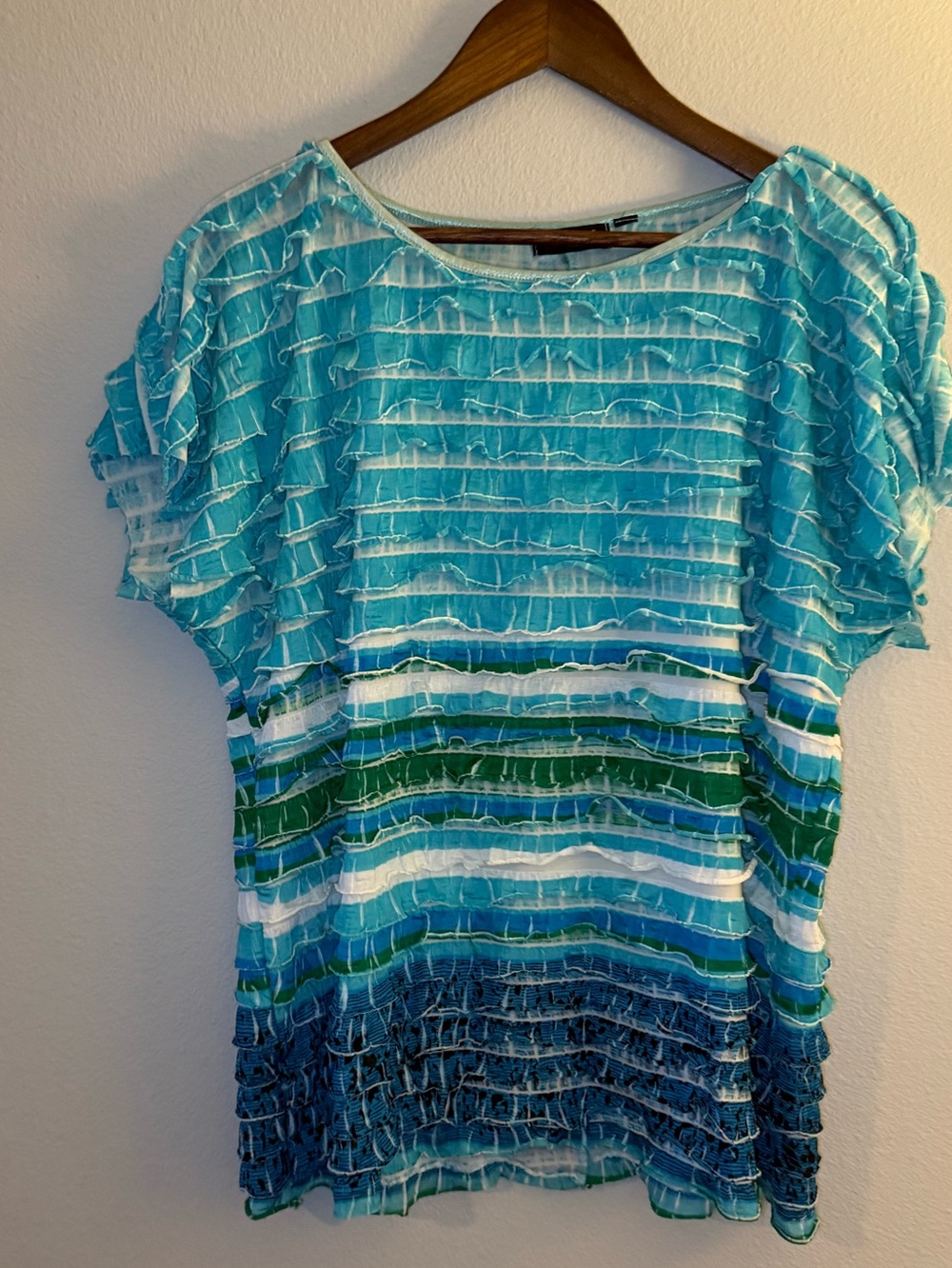 Short-Sleeve Ruffled Stripe Tee in Aqua, Green & Navy